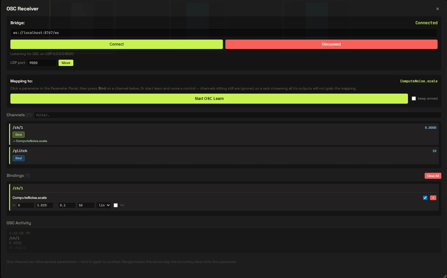 The OSC Receiver panel: connected to the bridge on UDP 9000, incoming channels listed, one bound to a node parameter.